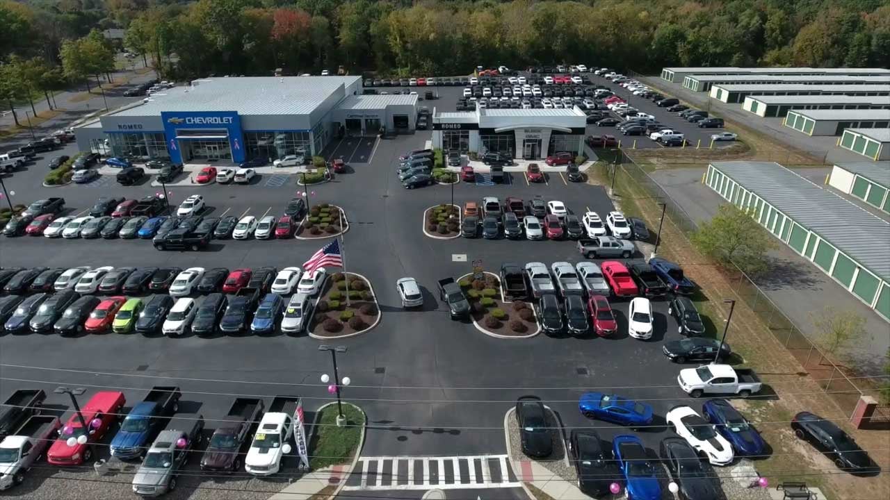 Aerial view of Romeo Chevrolet and its vehicle lot in Lake Katrine